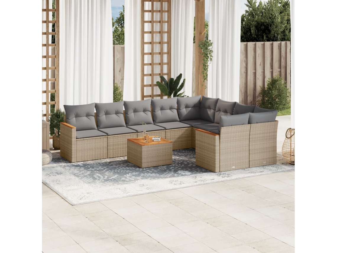 Vidaxl 10 Pcs Conj. Sofás Jardim C/ Almofadões Vime Pe Bege Misturado