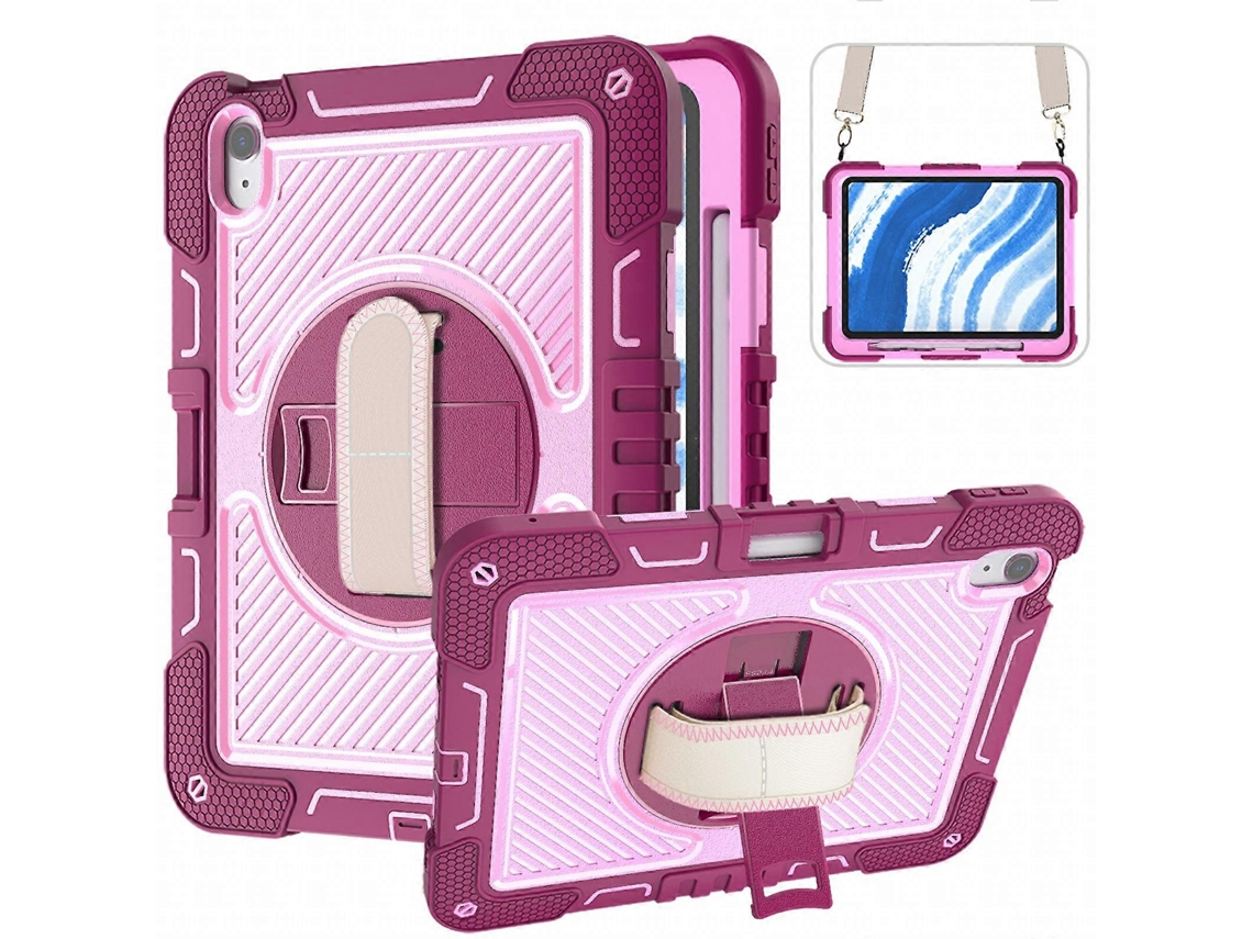 Capa Hengrongshen para iPad Air 11 (2024) com suporte de silicone, capa giratória e alça de ombro, rosa (2025)