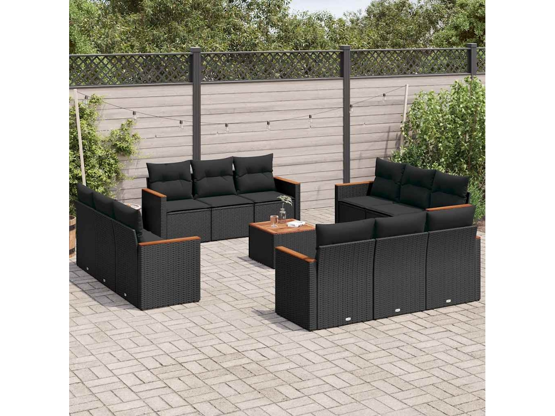 Vidaxl 13 Pcs Conjunto De Sofás De Jardim Com Almofadões Vime Pe Preto