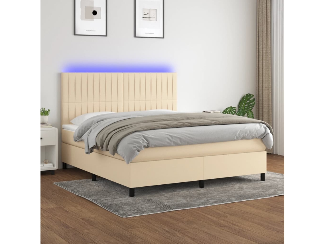 Vidaxl Cama Box Spring C/ Colchão E Led 160x200 Cm Tecido Cor Creme