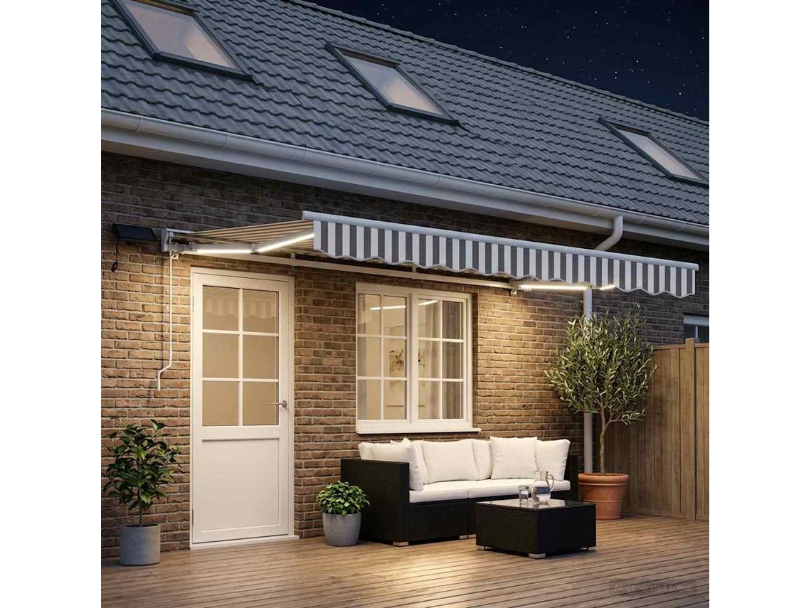 Vidaxl Estrutura De Toldo Manual Com Leds Cinza Claro E Branco 5 X 3 M