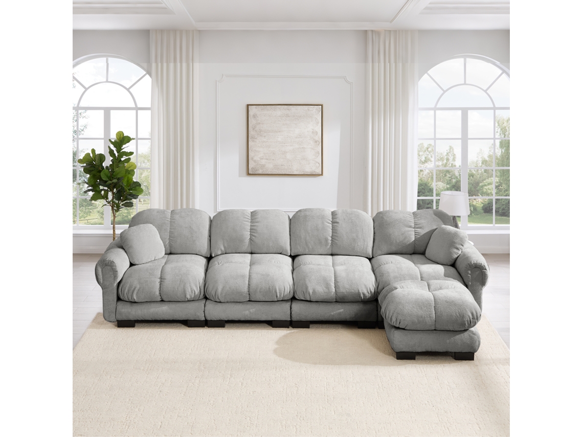 Sofá 4 Lugares, L-fórmico, Modular, Com Ottomana Móvel, Tecido Chenille, Design Acolchoado, Cinzento Claro