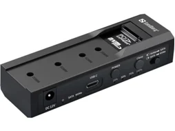Caixa com ligação USB-C, aceita discos SSD e NVME M.2 SSD 3.5/2.5 SATA, permitindo aceder ao seu conteúdo até 10 Gbps. Permite clonar bidirecionalmente um disco para outro sem ligação a portátil. MacOS e Windows.