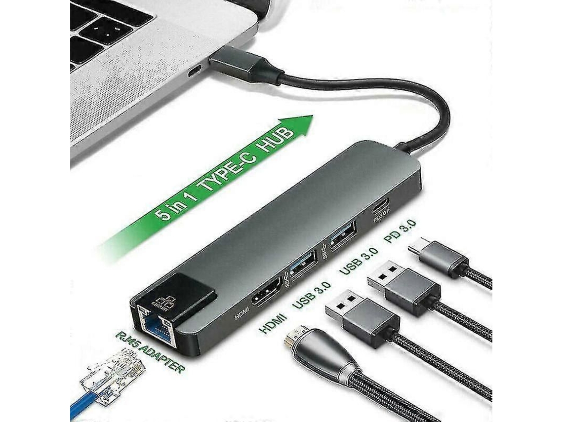 Conector USB Tipo C Hub 5 em 1 com HDMI 4K PD Ethernet RJ45 Carga