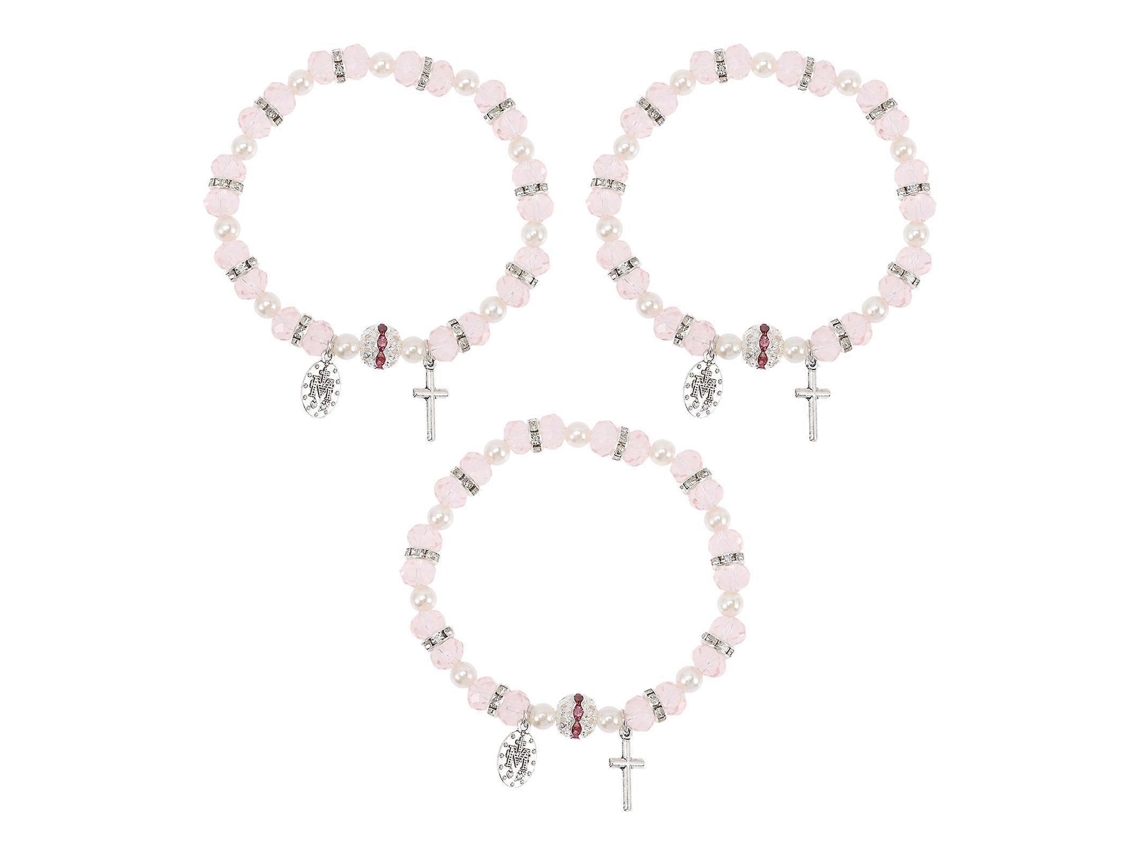 Conjunto De 3 Pulseiras Com Cruz De Cristal E Pérola Para Meninas. Nostalgia88