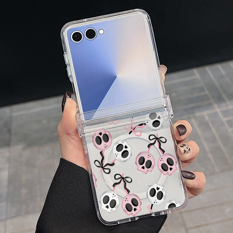 Capa Magnética Transparente Para Celular Galaxy Z Flip7 Fe Com Estampa Criativa De Caveira E Parte Traseira Rígida.