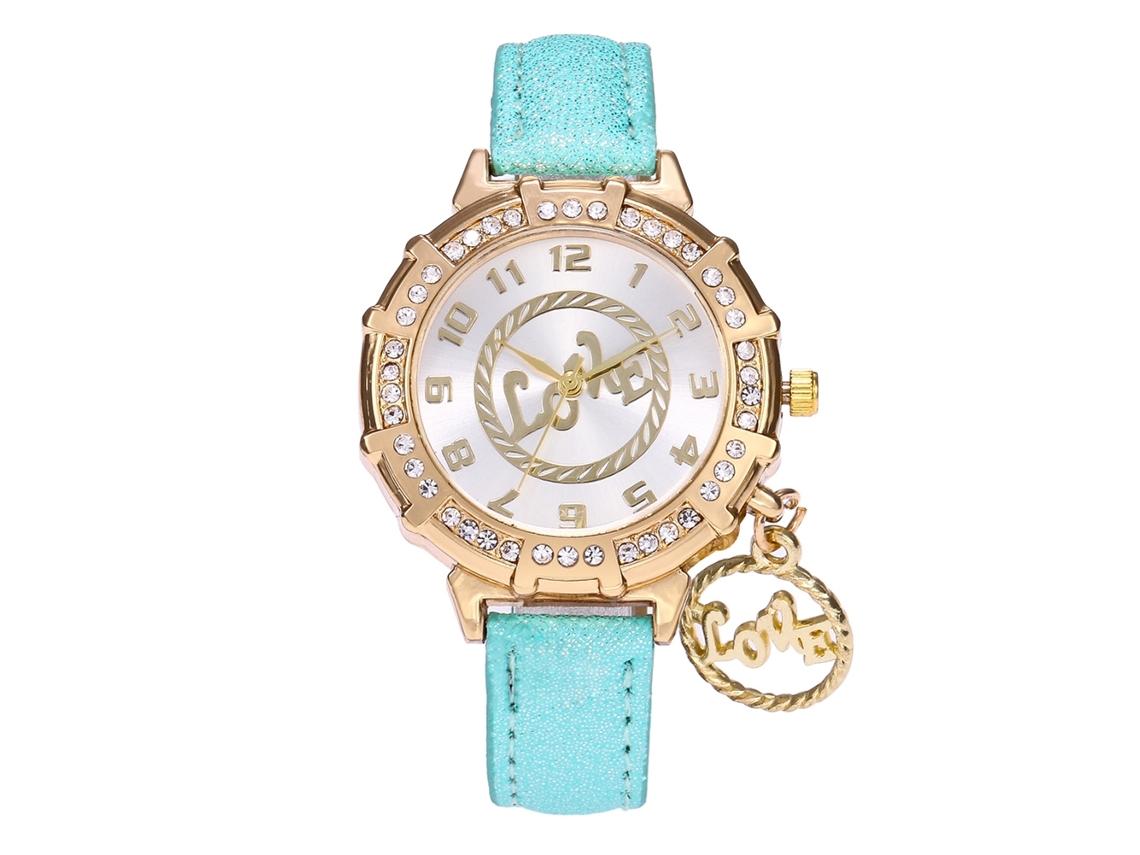 Relógio de Pulso Feminino Zhoulianfa de Couro Pu Strass Mostrador Redondo Quartzo Verde Menta