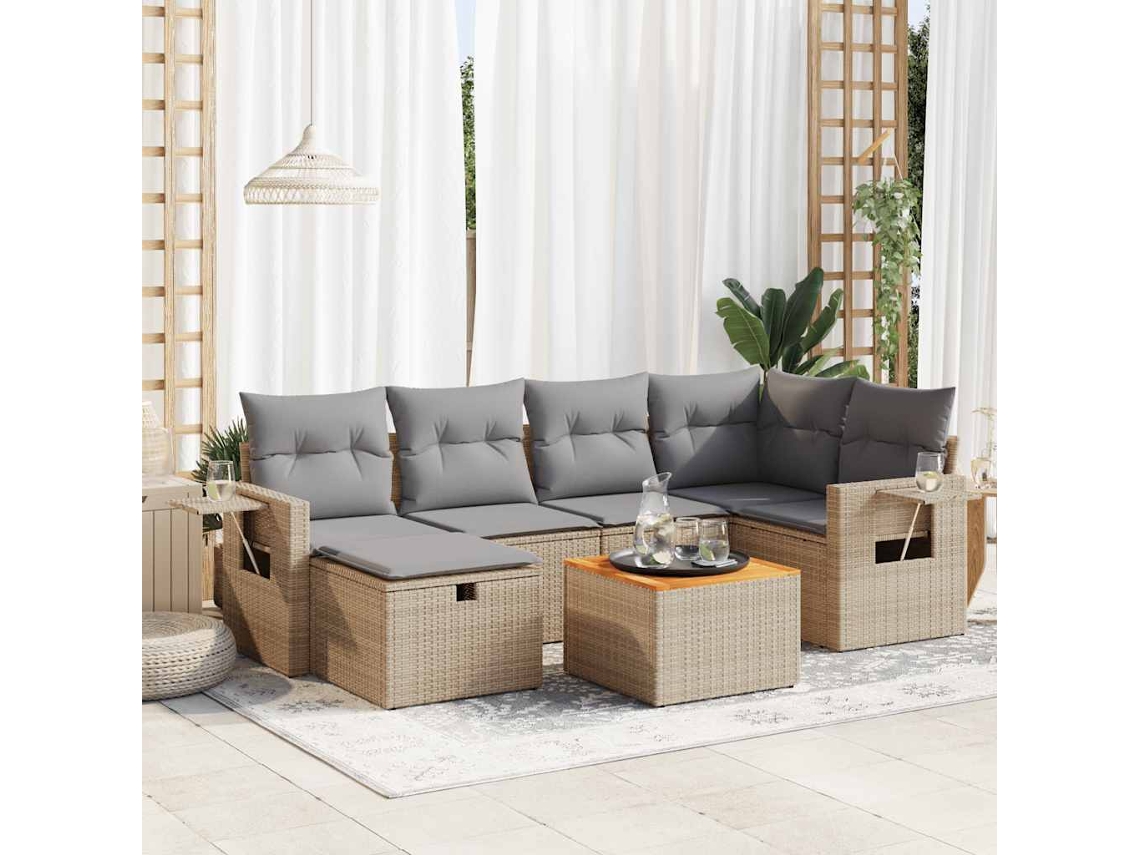 Vidaxl 7 Pcs Conjunto De Sofás P/ Jardim Com Almofadões Vime Pe Bege
