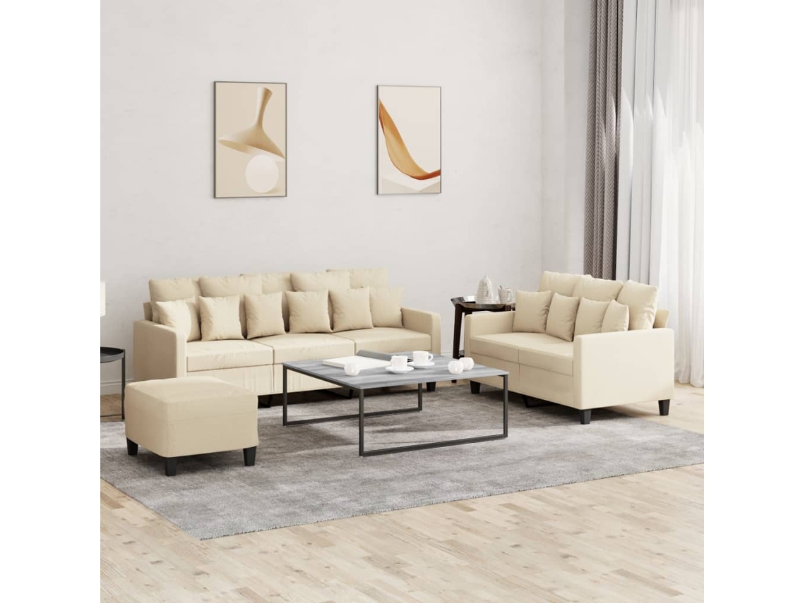 Vidaxl 3 Pcs Conjunto De Sofás Com Almofadões Tecido Cor Creme