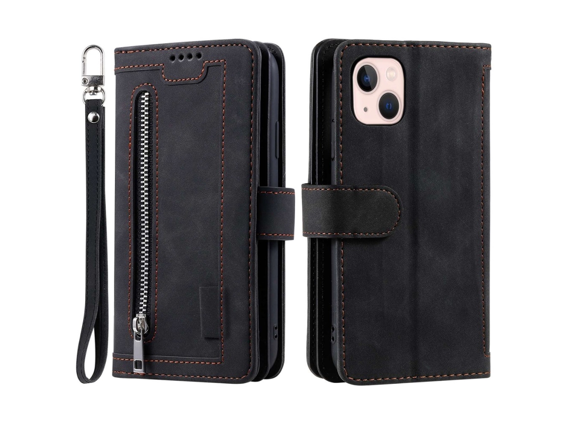 Capa Pega Para Iphone 15 Plus Pele Sintética Com Porta-cartões Preto