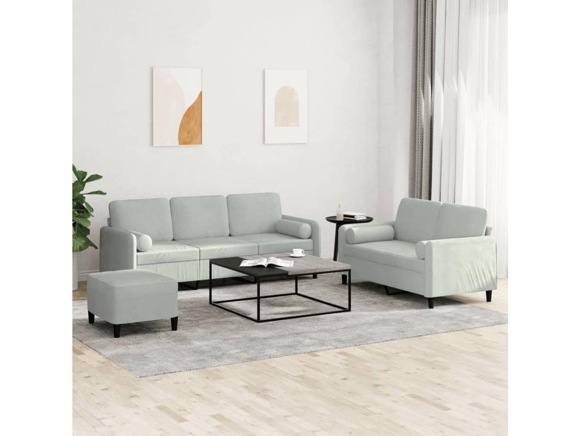 Vidaxl 3 Pcs Conjunto de Sofás com Almofadas Veludo Cinzento claro