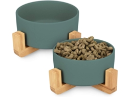Tigelas Elevadas de Cerâmica para Gatos, Conjunto Duplo de Tigelas Elevadas para Comida e Água para Gatos com Suporte de Madeira AQUAFORGE