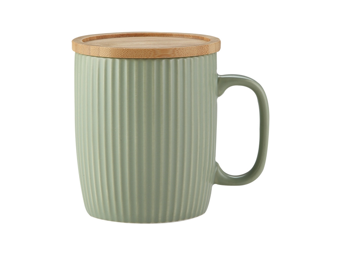 Caneca de Cerâmica 400Ml com Riscas Verticais Simples e Fresca com Tampa Ideal para Escritório. NEVEANCE