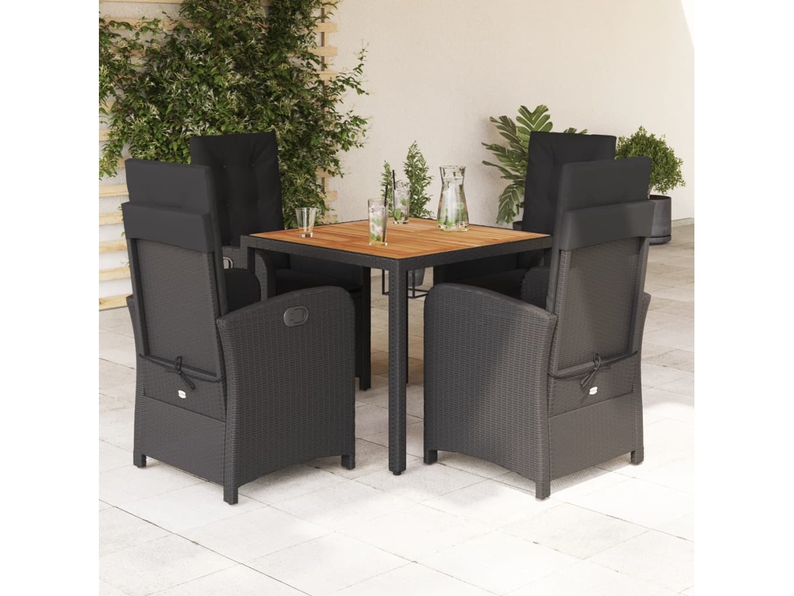 Vidaxl 5 Pcs Conjunto De Jantar P/ Jardim C/ Almofadões Vime Pe Preto