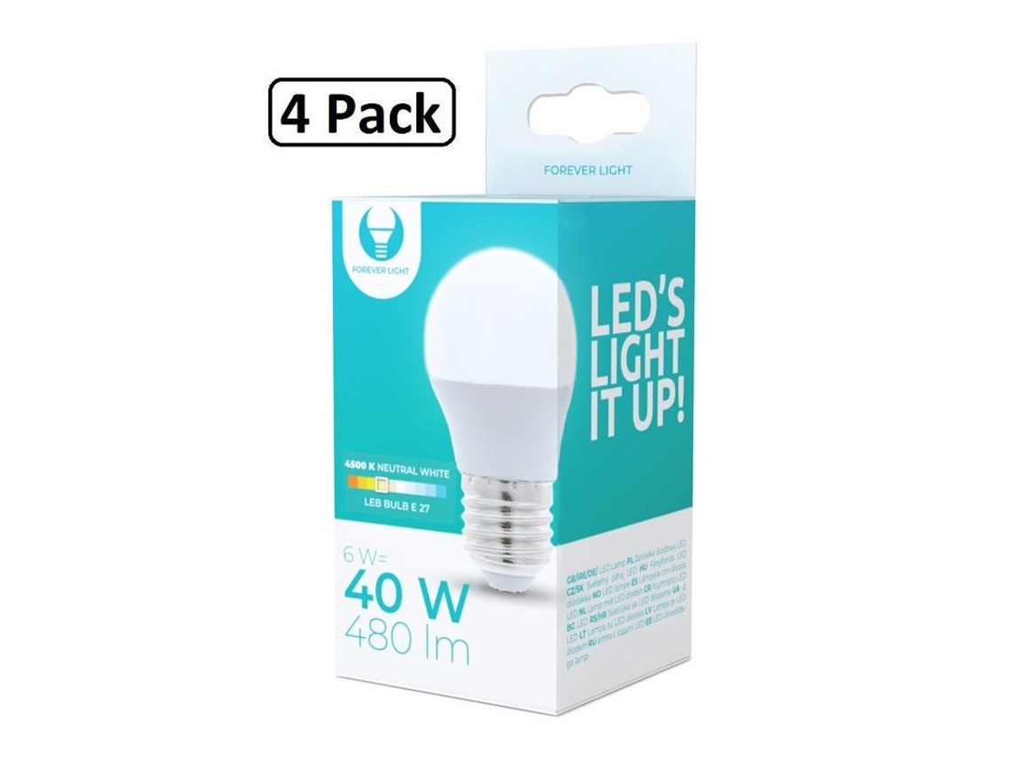Lâmpada Led, 4 Unidades, Base E27, 6w, 4500k, 480lm, Para Uso Residencial, Comercial Ou Substituição De Fontes Convencionais