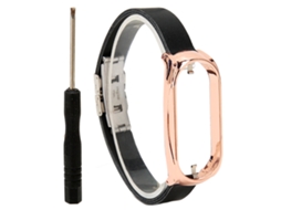 Pulseira de Couro Pu com Capa Protetora para Mi Band 7 Aço Inoxidável Preto e Dourado