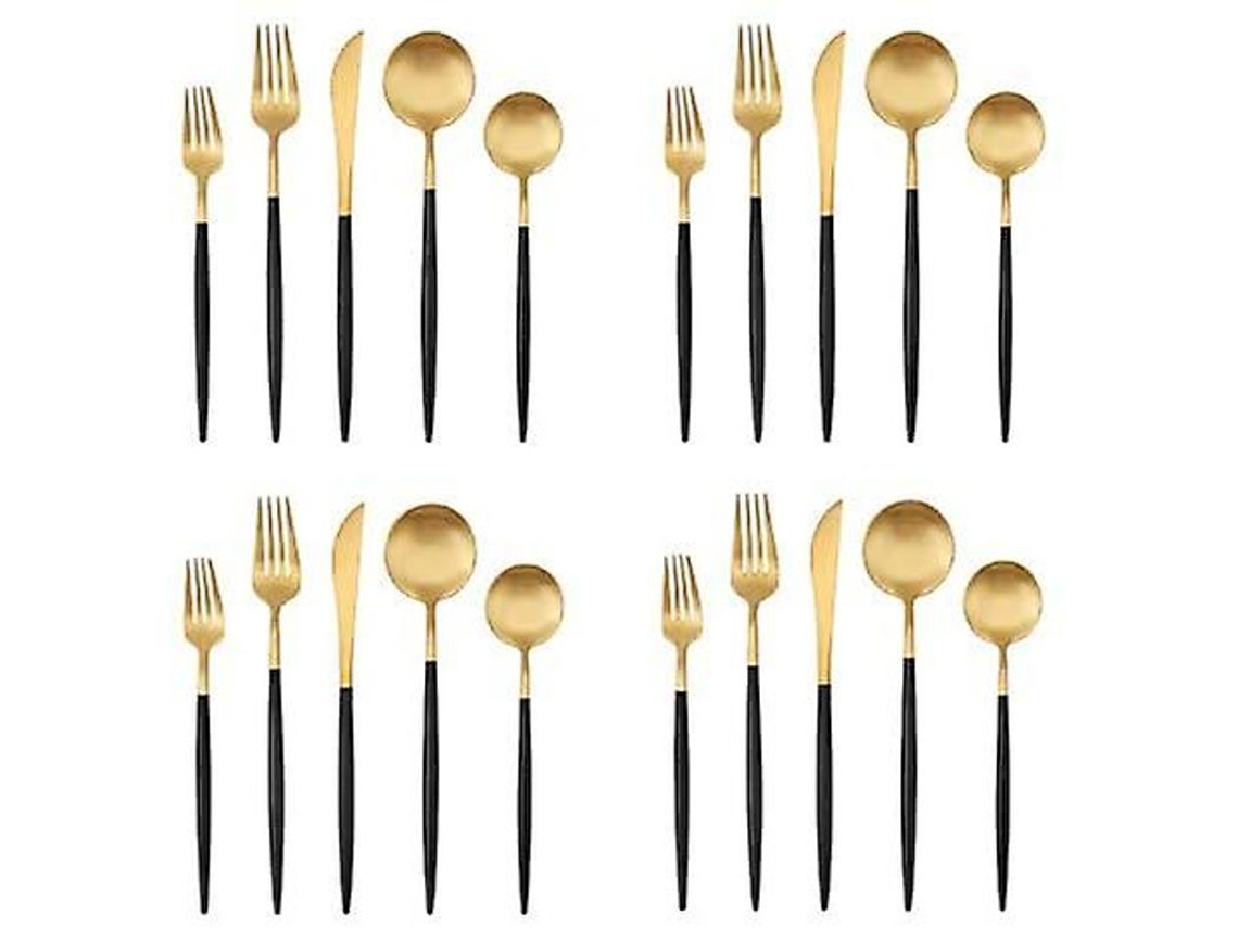 Conjunto de Prata Matte Gold com Cabo Preto, Bysta, 20 Peças, Aço Inoxidável | S/MARCA