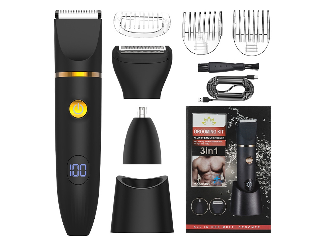 Lurelia Depilador Elétrico 388 Preto, Kit 3 Em 1 Com Base, Usb, Lavável, Aço Inoxidável, Corpo Inteiro