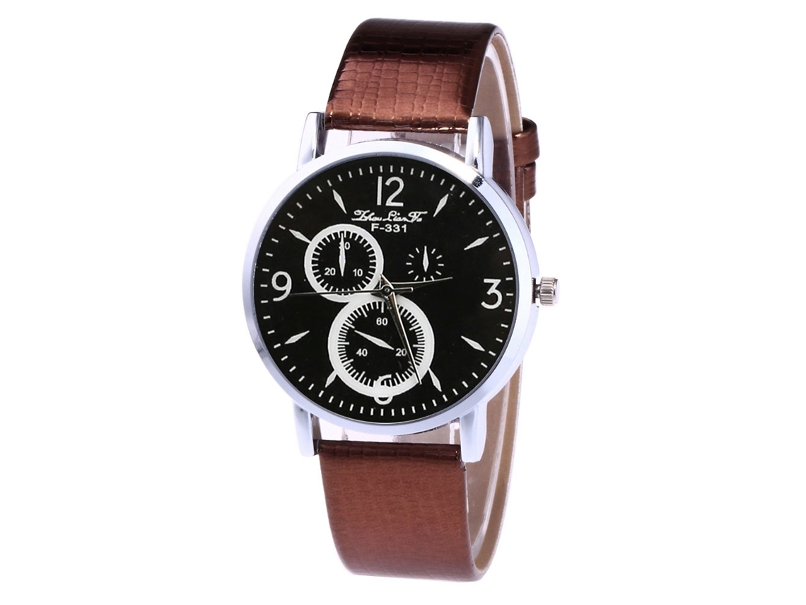 Relógio de quartzo unissex com pulseira de couro sintético, estilo clássico casual marrom.