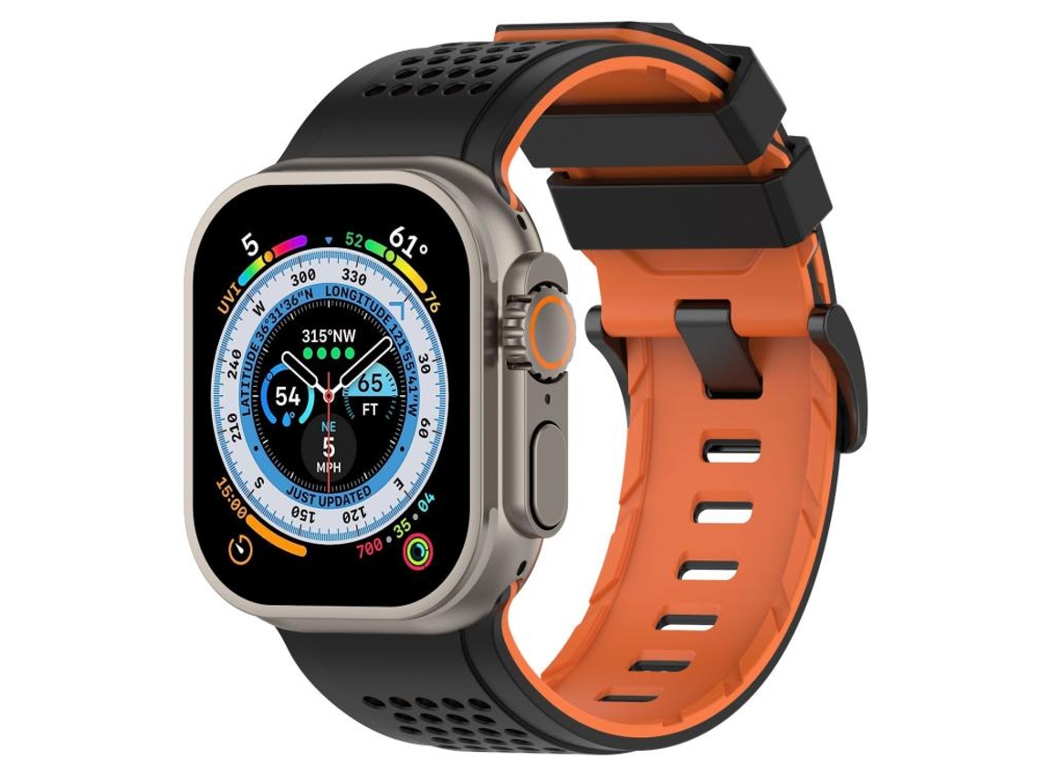 Bracelete para Apple Watch 46/49/45/44mm Silicone Respirável com Design de Verificação Preto e Laranja XIAOMOYU