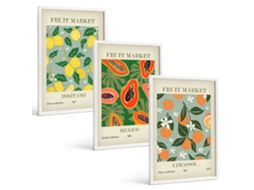 Composição De Quadros Pôsteres De Frutas, Limões, Mamões Moldura Branca Quadros Para O Escritório Espelharte (3 Piezas De 40x60 Cm)