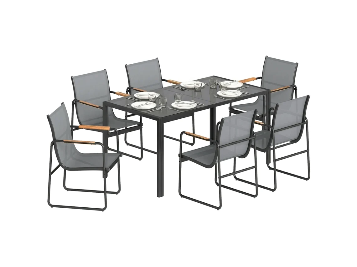 Conjunto de mesa e cadeiras de jardim com mesa de vidro temperado e 6 cadeiras transpiráveis cinza BTFORUS