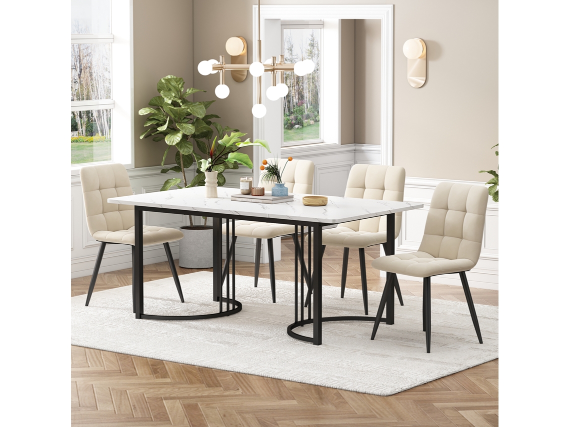 Conjunto Jantar 5pç, Mesa 140x80cm Branca + 4 Cadeiras Linho Cinza, Pernas Pretas.-qq
