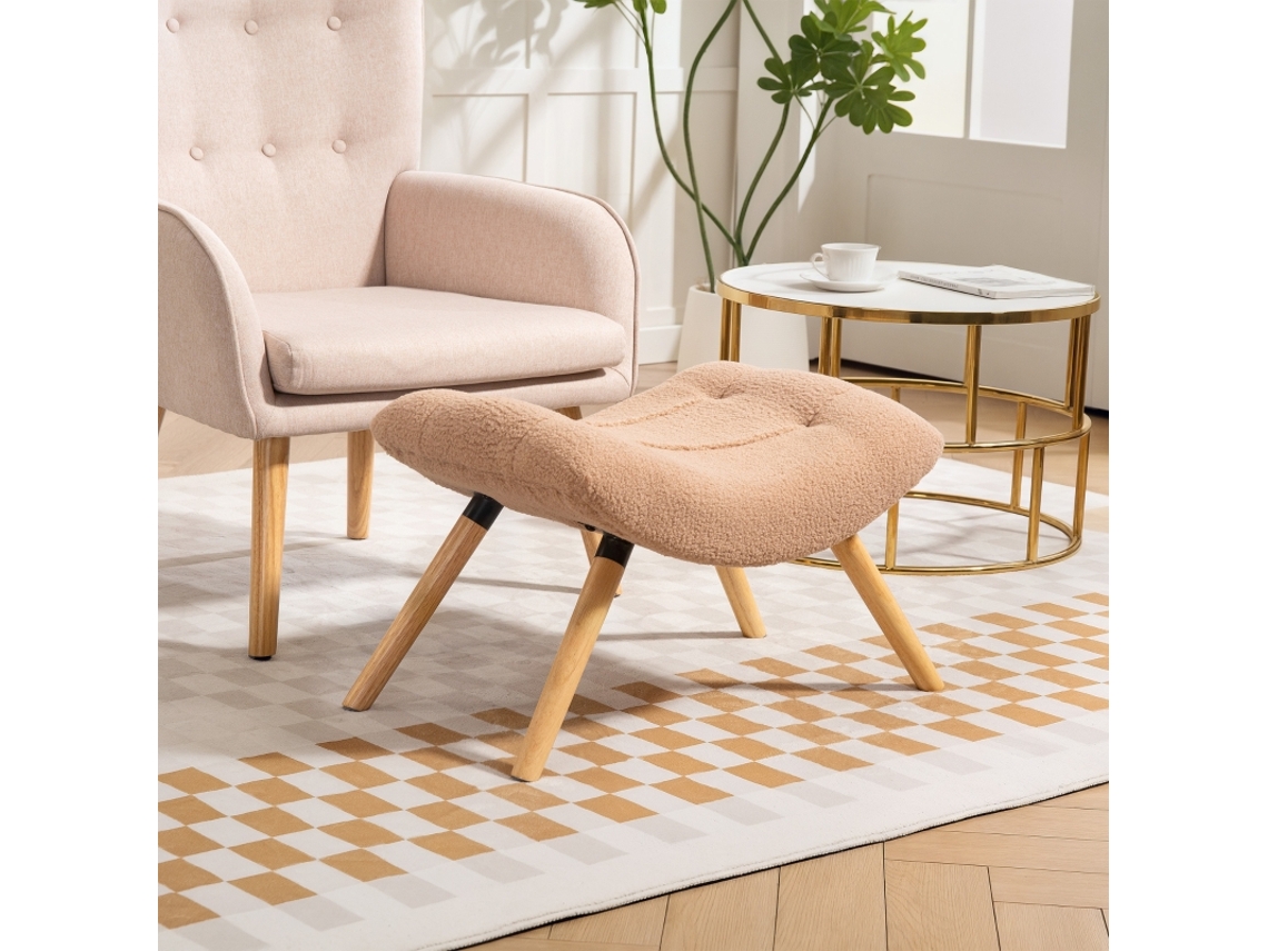 Pufe Moderno Com Revestimento Em Fleece E Pés De Madeira, Acolchoado, Para Sala, Quarto, Corredor, Castanho.