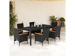 Conjunto 7 Peças Jantar Jardim C/almofadões Vime Pe/vidro Preto Dkd Home Decor