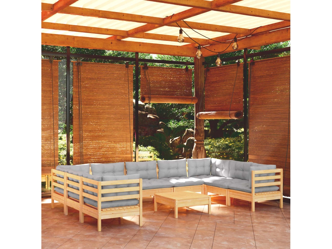 10 Pcs Conjunto Lounge De Jardim C/ Almofadões Cinza Pinho Dkd Home Decor