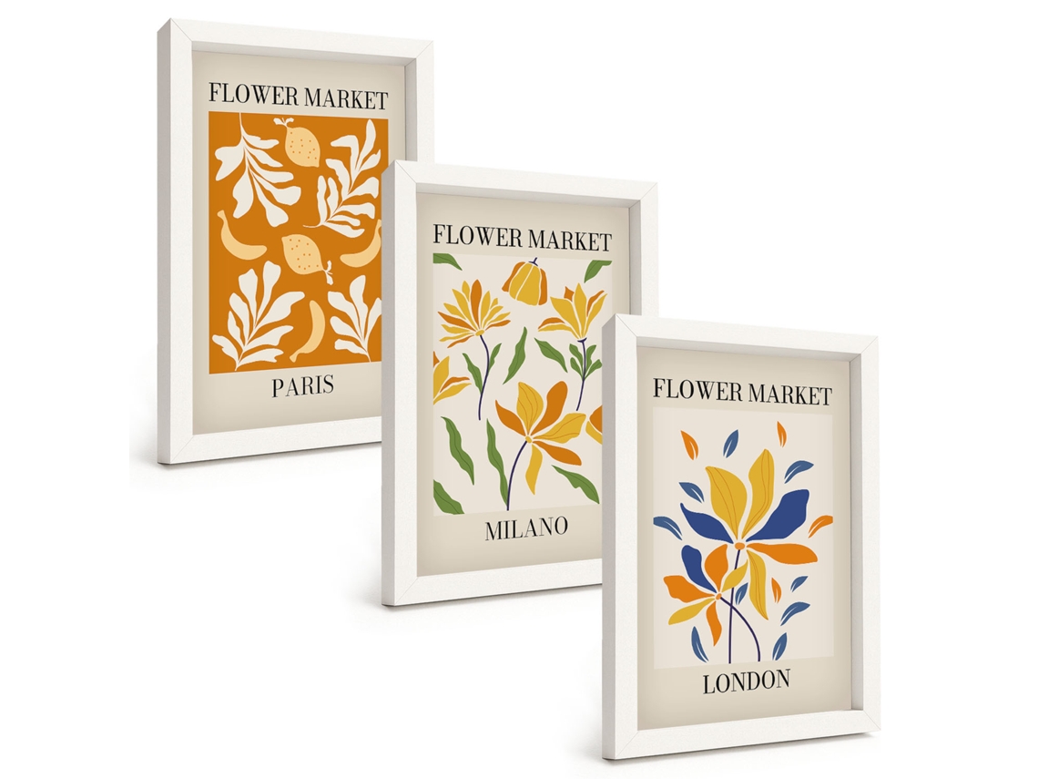 Composição De Quadros Pôsteres Florais Paris Milão Londres Espelharte (3 Peças 20x30 Cm)