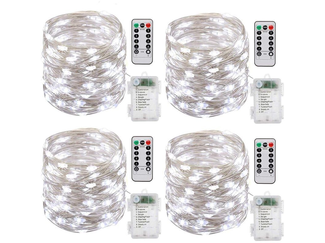 Luces De Cadena Con Batería, Pack De 4 10m 100 Leds Función Timer Ip65 Impermeable Control Remoto