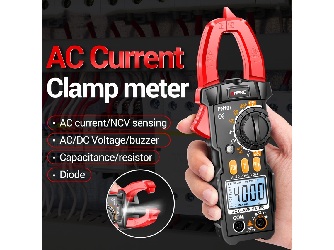 Yuru pinça amperimétrica digital Aneng PN107 4000 contagens CAT II 600V multímetro tester NCV