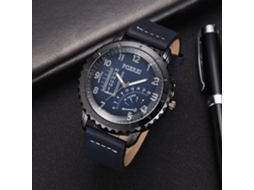 Relógio masculino vintage casual de quartzo com pulseira de couro PU e mostrador grande azul.
