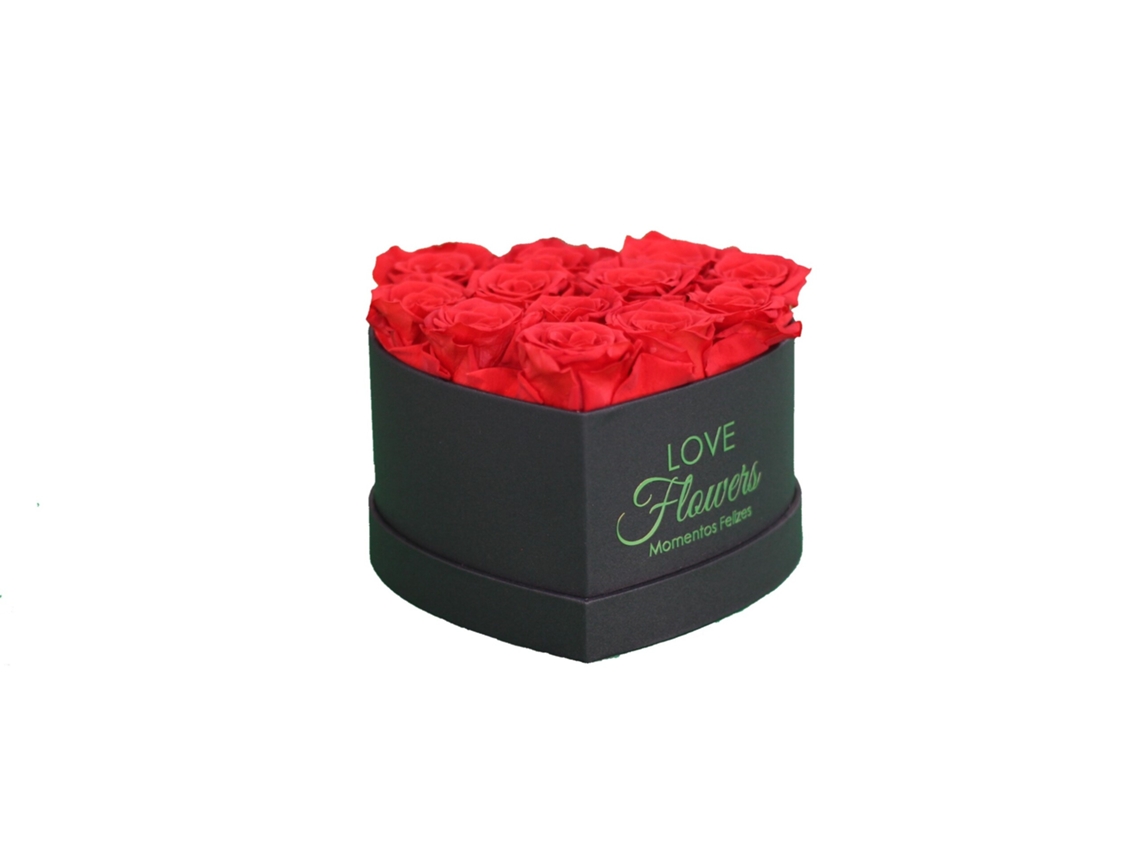 12 Rosas Vermelhas Naturais Preservadas Flores de Amor em Caixa de Coração Preta - Colleccion Heart Rose