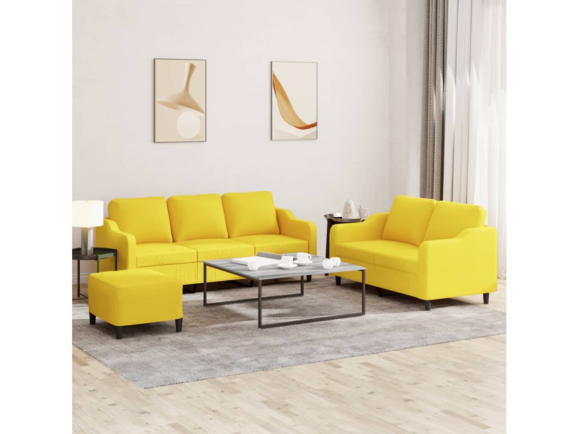 Vidaxl 3 Pcs Conjunto De Sofás Com Almofadões Tecido Amarelo-claro