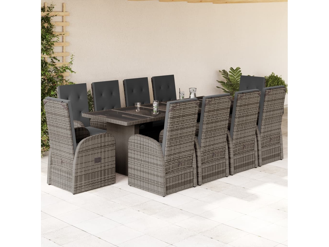 Vidaxl 11 Pcs Conjunto Jantar P/ Jardim C/ Almofadões Vime Pe Cinzento