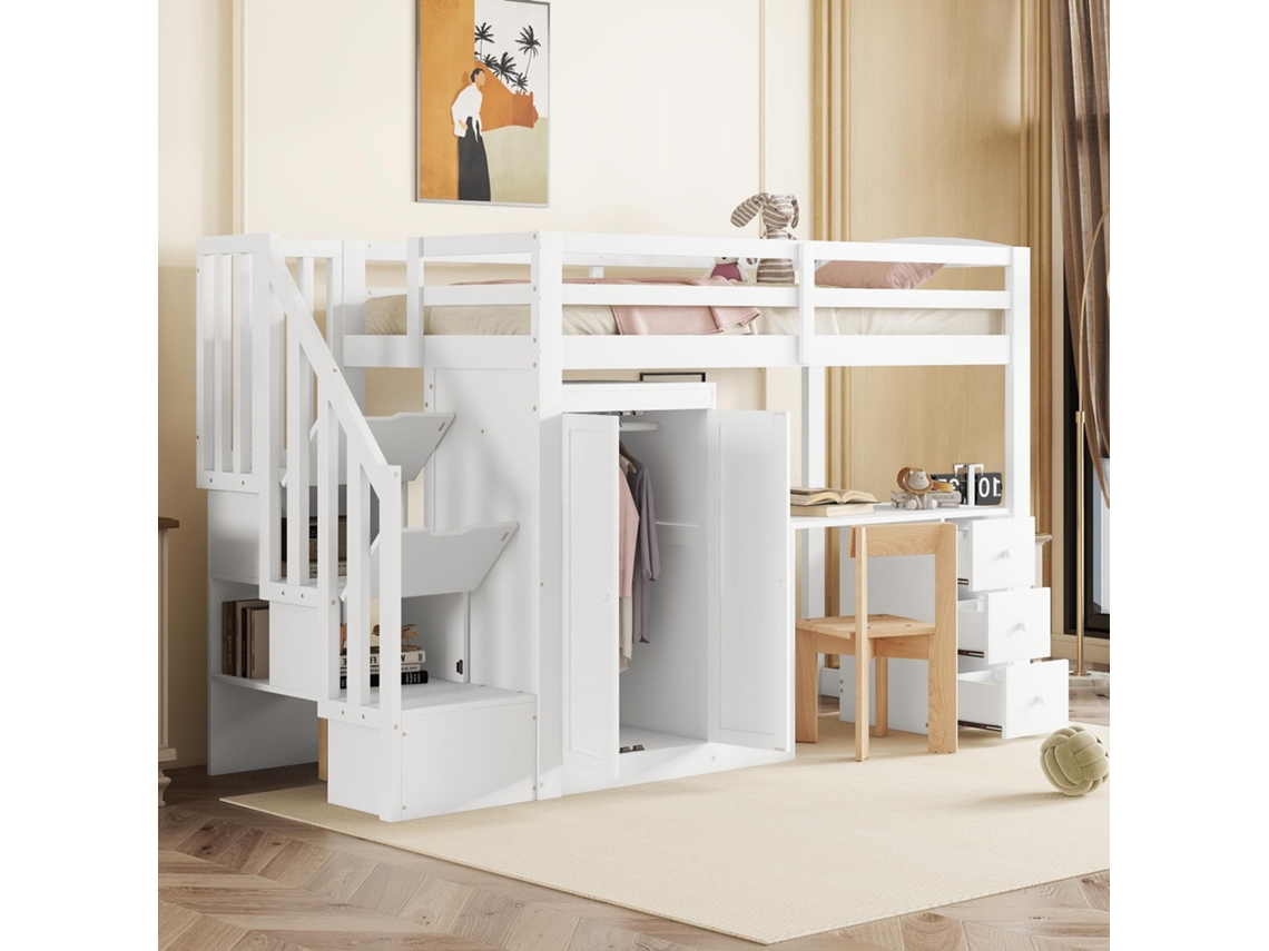 Beliche 90x200cm Com Estrado, Escada, Guarda-roupa, Escrivaninha E Gavetas, Branco.