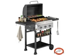Barbecue a Gás com 3 Queimadores 9 Kw Termómetro Mesas Laterais Dobráveis e 2 Rodas Ganchos Preto FLUISHINE