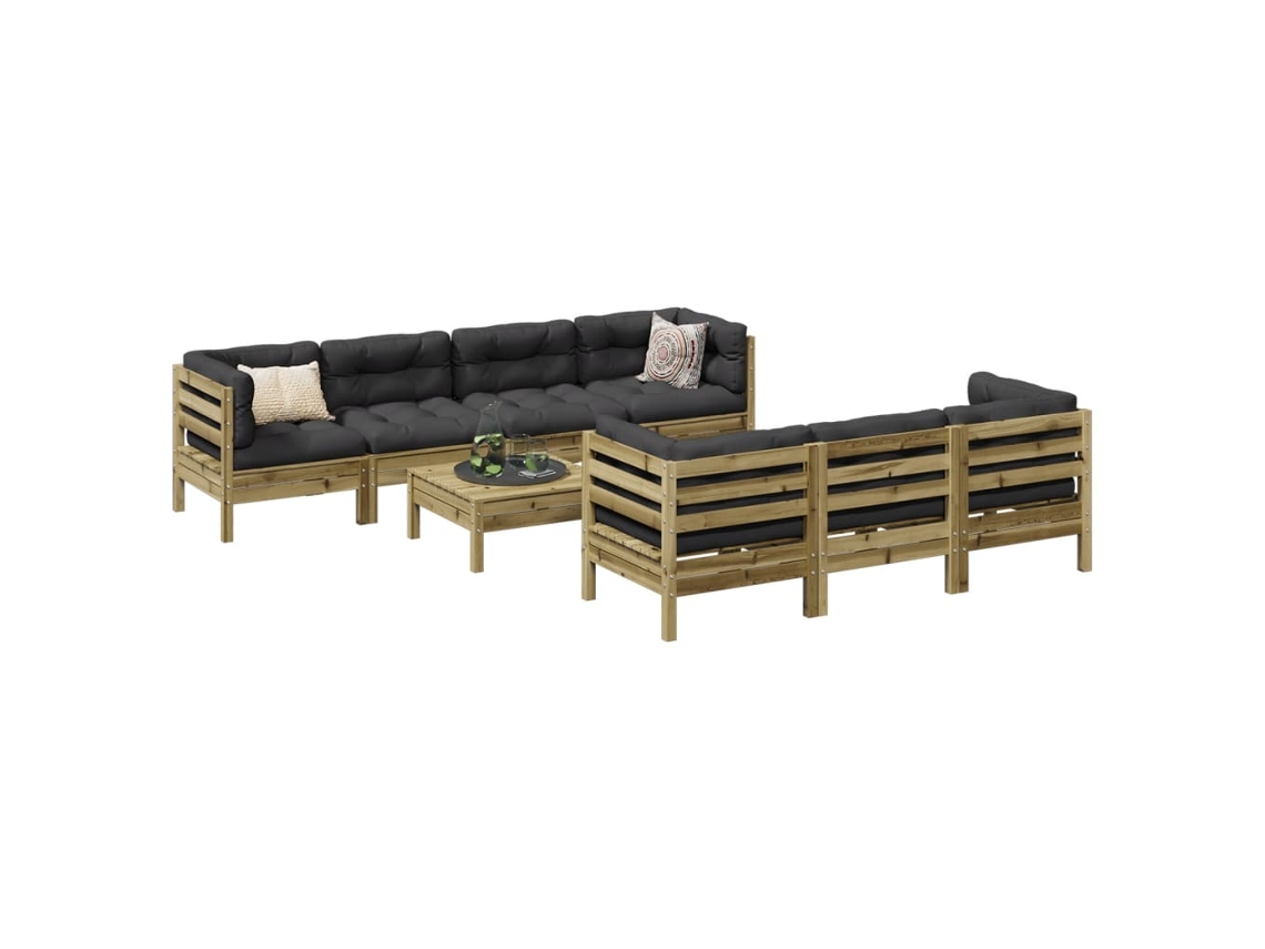 Vidaxl 8 Pcs Conj. Sofás Jardim C/ Almofadões Madeira Pinho Impregnada