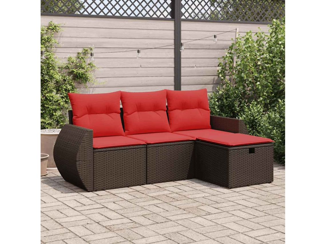 Vidaxl 4 Pcs Conjunto Sofás De Jardim C/ Almofadões Vime Pe Castanho