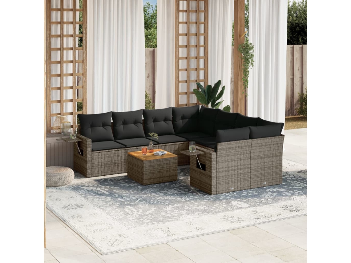 Vidaxl 9 Pcs Conjunto Sofás P/ Jardim Com Almofadões Vime Pe Cinzento