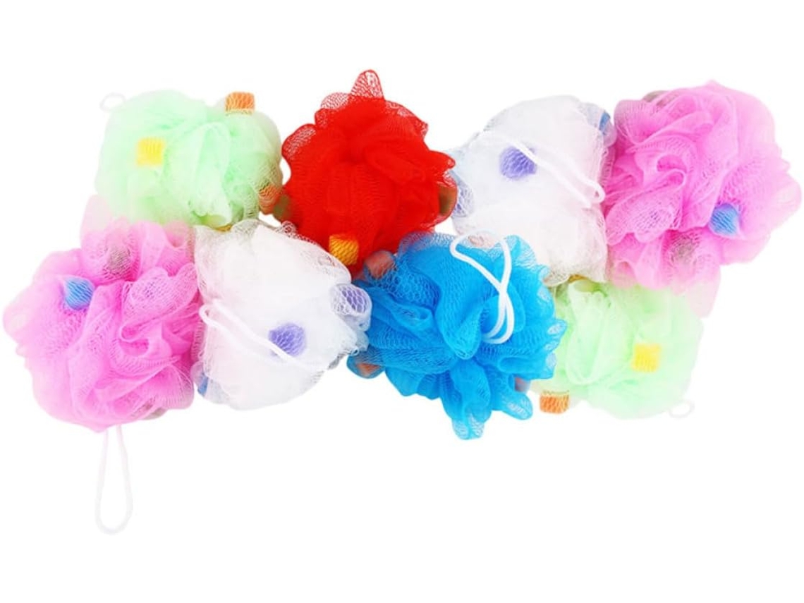 Conjunto de 8 bolas de banho de esponja sólida com cordão curvo, que produzimos.