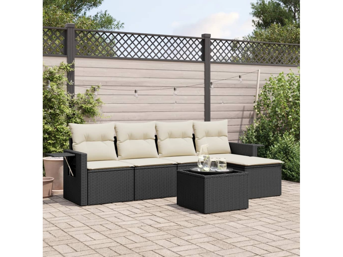 Vidaxl 6 Pcs Conjunto Sofás De Jardim C/ Almofadões Vime Pe Preto