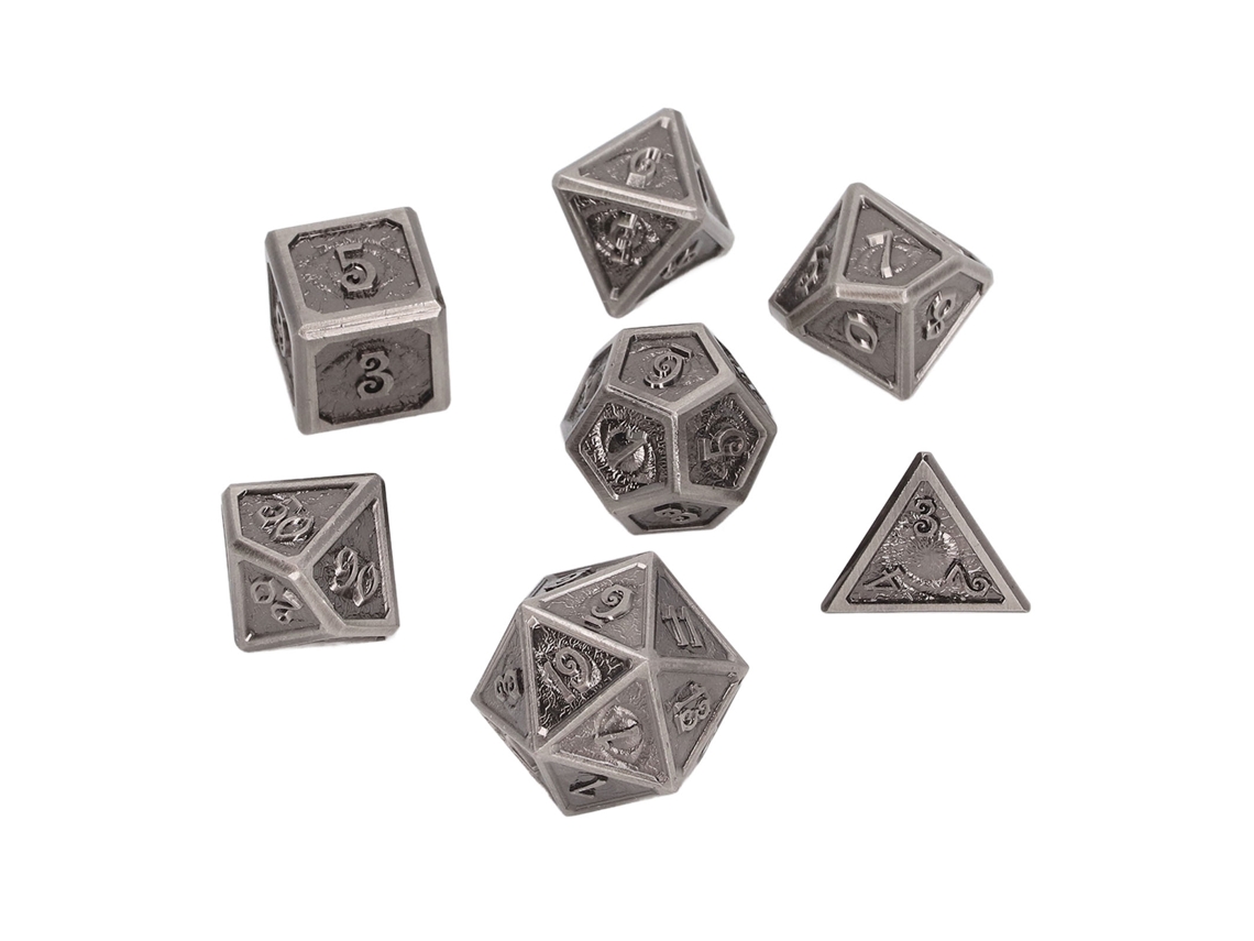 Primerox conjunto de Dados de Metal Polifacetados para Rpg e Ensino 7pcs Tipo B com Números Claros