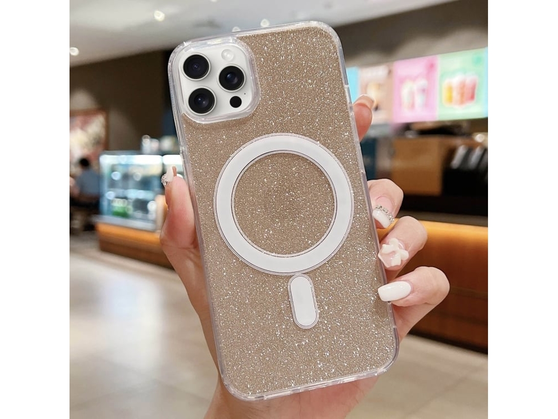 Capa Transparente Com Glitter Para Iphone 16 Pro Max - Acrílico - Magsafe - Dourada