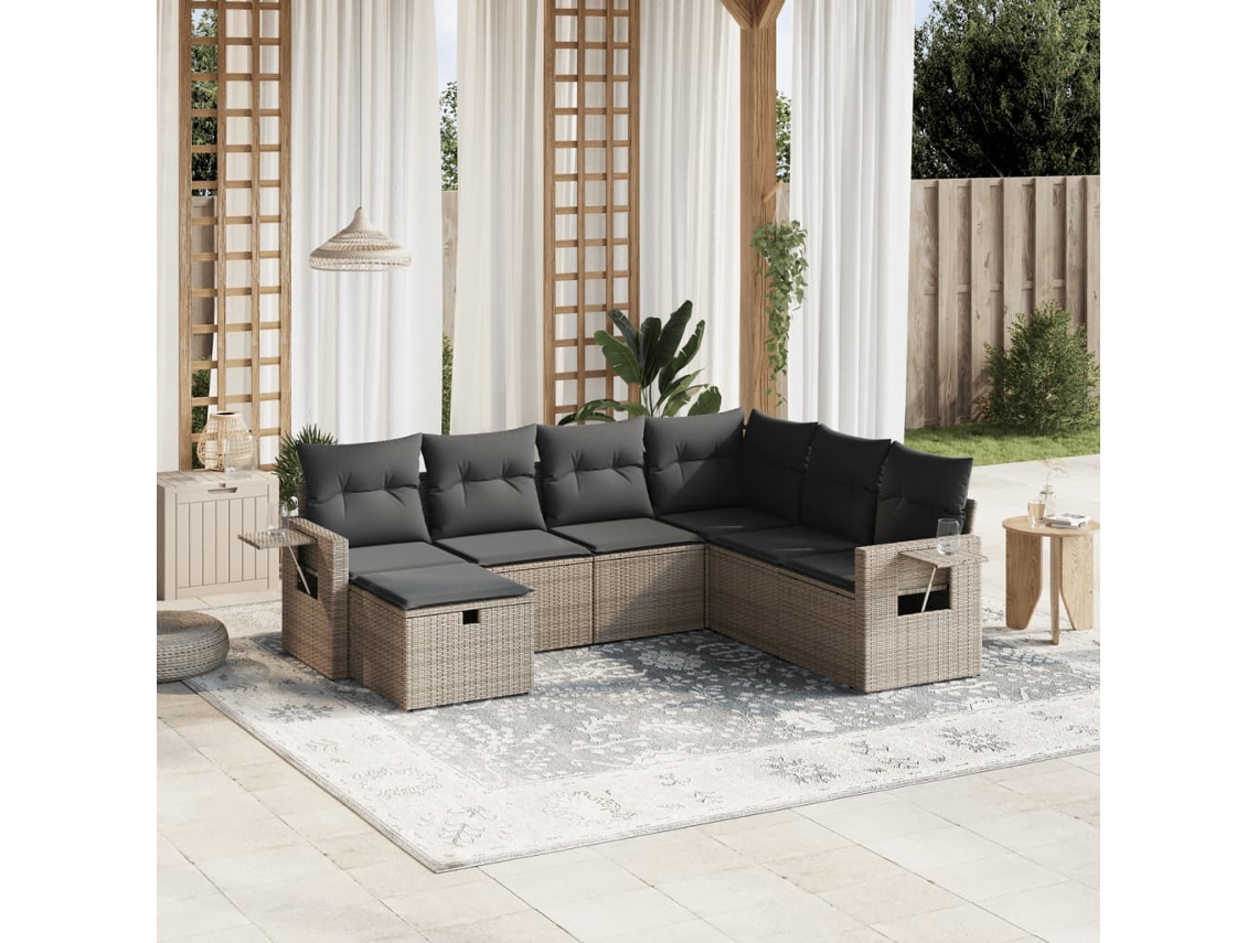 Vidaxl 7 Pcs Conjunto Sofás P/ Jardim C/ Almofadões Vime Pe Cinzento