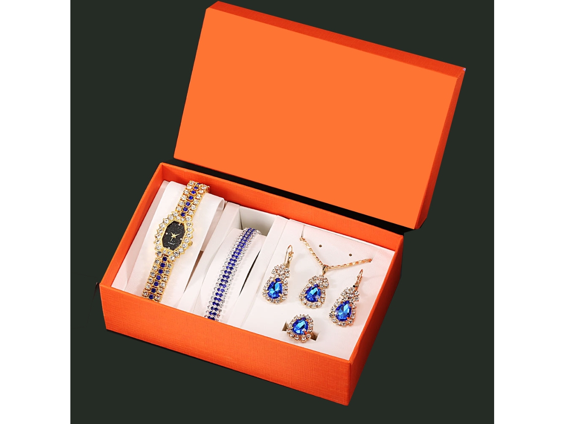 Conjunto de Presente, Relógio, Pulseira, Colar, Brincos, Anel e Caixa de Presente em Aço com Formato de Diamante SPQMENT (dourado Negro)