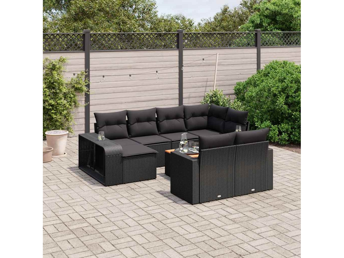 Vidaxl 11 Pcs Conjunto Sofás De Jardim C/ Almofadões Vime Pe Preto