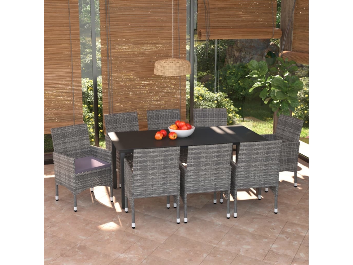 Vidaxl 9 Pcs Conjunto Jantar P/ Jardim C/ Almofadões Vime Pe Cinzento
